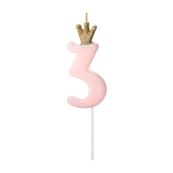 Kuchenkerzen Zahl 3 rosa mit Krone